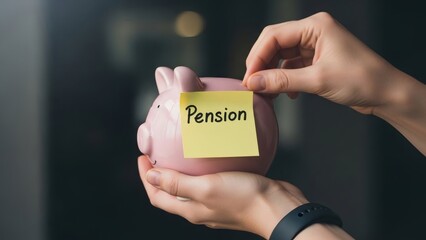 Pension Piggy Bank Hands Affixing a Note to Savings with Future Planning.