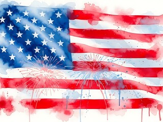Watercolor-style American Flag with Fireworks