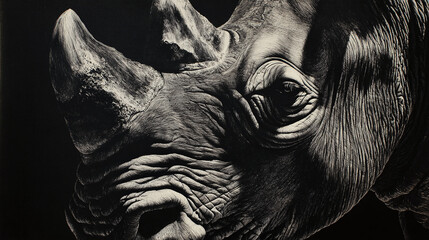 A close-up, dramatic image of a rhinoceros, the details of its textured skin and horn are prominent. The play of light and shadow adds intensity to the image
