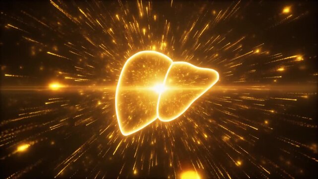 blood glucose regulation displayed as a holographic, glowing gold liver structure, highlighting vital organ function and digital diagnostic imaging.