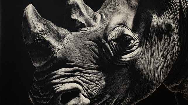 A close-up, dramatic image of a rhinoceros, the details of its textured skin and horn are prominent. The play of light and shadow adds intensity to the image