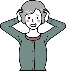 正面向き。頭を抱えるカーディガンを着た高齢女性。