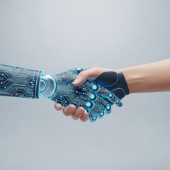 Robotic arm shakes human hand. Futuristic concept about AI and human interaction