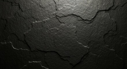 Dark textured black slate surface with prominent cracks and uneven layers dramatically lit from above