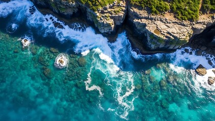 Aerial view of rugged coastline with turquoise waves crashing against rocks