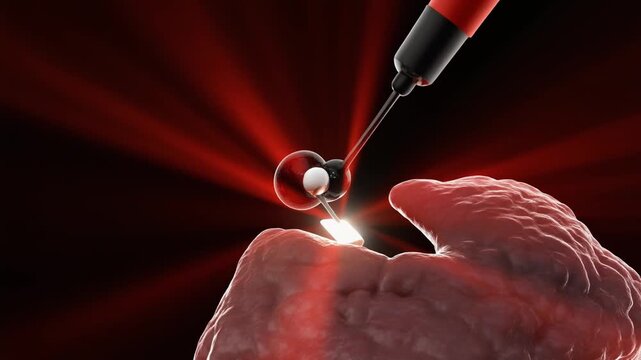 blood glucose regulation visualized as a microscopic procedure, using a laser or needle-like beam to target a specific point on a cell or tissue.