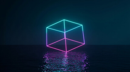 Neon glowing isometric cube with vibrant pink and teal lines on transparent background