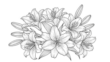 A beautiful bouquet of lily flowers and buds, hand-drawn in a detailed black and white vintage engraving or sketch style.