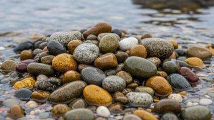 Colorful smooth rocks piled on serene lake shore