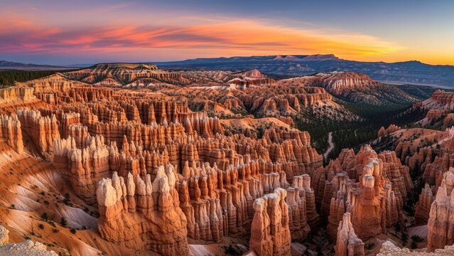 Vibrant Bryce Canyon hoodoos glow at sunset in Utah wilderness