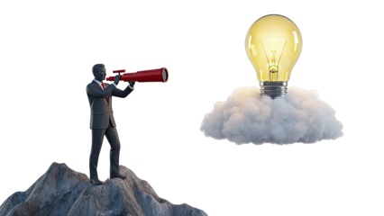 Businessman with Telescope looks at Lightbulb Idea on Cloud