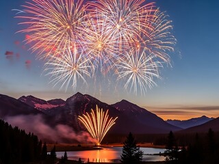 Spectacular fireworks illuminating the night sky over a serene mountain landscape
