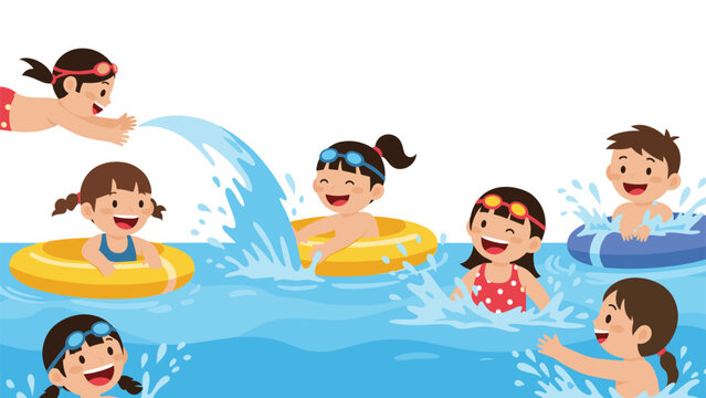 Happy cartoon children playing and splashing in a swimming pool with inflatable rings, enjoying a sunny summer day together.