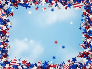 Vibrant Red, White, and Blue Star Shaped Frame Creating a Festive Patriotic Border on a Light Blue Sky Background