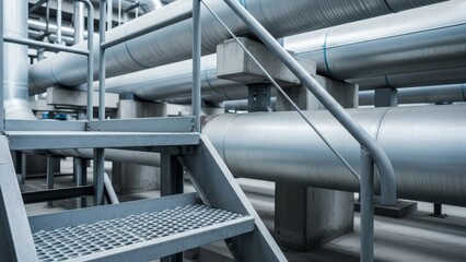 Factory Interior Pipes with Stairs  Metal Industrial Structure Detail.