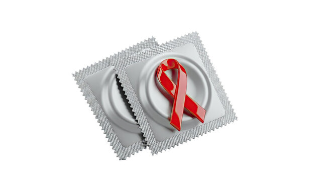 Condoms and Red Ribbon Symbolizing HIV Awareness and Prevention
