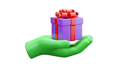 Green hand holding a purple gift box with red ribbon