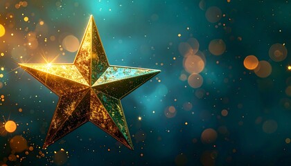 A golden, textured five-pointed star glows against a teal backdrop with bokeh