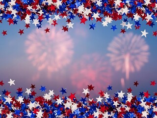 Patriotic Celebration Background with Red, White, and Blue Star Confetti and Blurry Fireworks