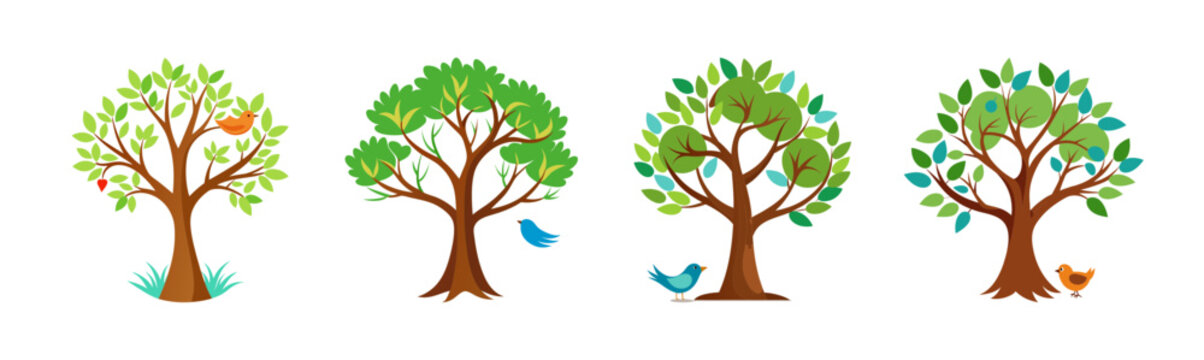 Four stylized trees with green leaves and colorful birds, nature concept
