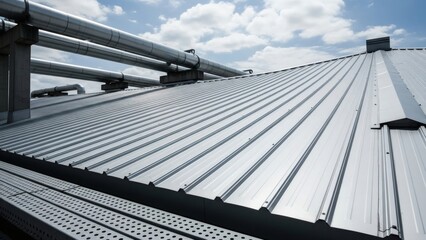 Metal Roofscape Silver industrial rooftop under blue sky with pipelines above.