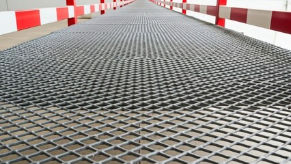 Endless Walkway Perspective of Gray Steel Grating Tunnel.