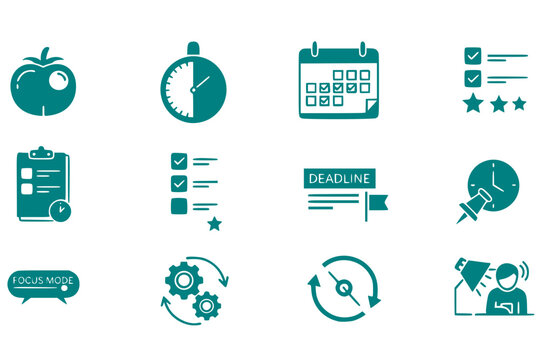 Productivity Time Management Planner Icon Set Pomodoro Timer Calendar Task Prioritization Deadline Tracker Workflow Focus Mode Organizational Black White Vector