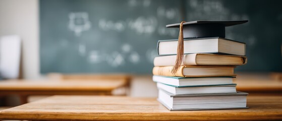 Stack of hardcover textbooks with graduation cap on top, resting on wooden table in classroom, symbolizing education and academic achievement