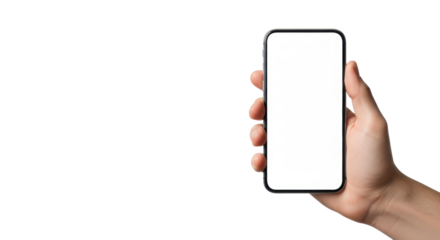 Realistic right human hand holding sleek black smartphone with blank white screen, isolated on transparent background with copy space left, bright studio lighting, concept of technology