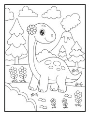 Obraz premium Cute Baby Dinosaur Coloring Page for Kids. Smiling Long Neck Dino in Nature Scene. Simple Black and White Line Art Illustration