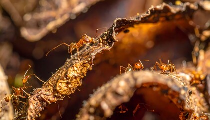 Teamwork: Ants on a Dried Leaf in Macro Detail