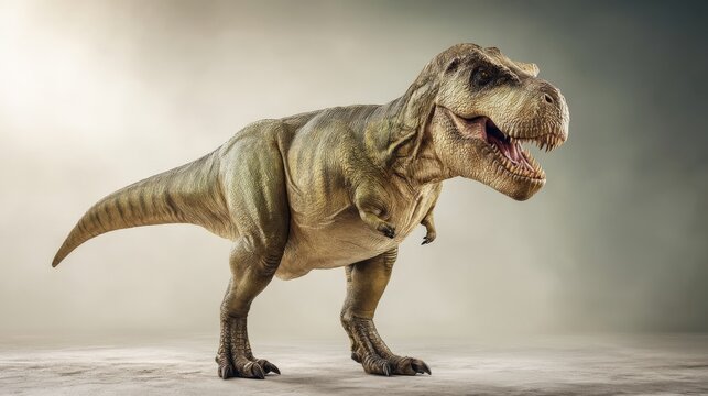 Adult tyrannosaurus rex dinosaur standing in three-quarters view, showcasing detailed textures and lifelike features in a dramatic atmosphere