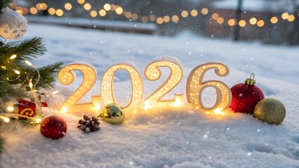christmas background with baubles and snow