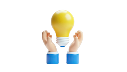 3D Cartoon Hands Holding a Glowing Light Bulb