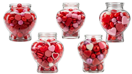 Five Heart Shaped Jars Filled with Pink and Red Candies for Valentine’s Day