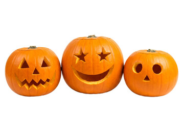 Fototapeta premium Carved Halloween Pumpkins with Unique Faces in Warm Orange Glow on White Background for Seasonal Decoration