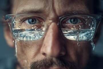 Close-up of a man wearing glasses with water reflections in lenses, showcasing intense gaze and intricate details of water droplets, emphasizing clarity and focus on vision