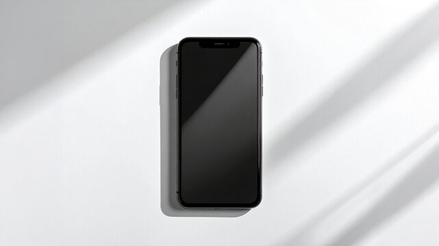 Smartphone mockup on surface with plant. Top view perspective for app interface display, technology branding, and workspace marketing. Asset for user interface presentation and digital design. - Powered by Adobe