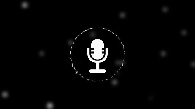 White microphone icon with circular audio visualizer on dark background sound waveform
