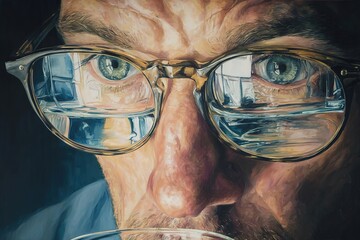 Close-up of a man wearing glasses with water reflections in lenses, showcasing intense gaze and intricate details of water droplets, emphasizing clarity and focus on vision