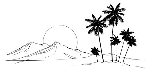 Hand drawn illustration of a tropical landscape depicting palm trees and mountains for a summer holiday