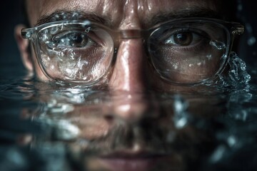 Close-up portrait of a man with glasses submerged in water, showcasing intense expression and bubbles, emphasizing the contrast between clarity and fluidity in a captivating underwater scene