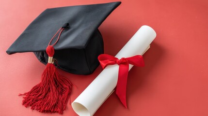 Graduation cap with red tassel placed beside rolled diploma tied with a red ribbon on a vibrant background, symbolizing academic achievement and celebration