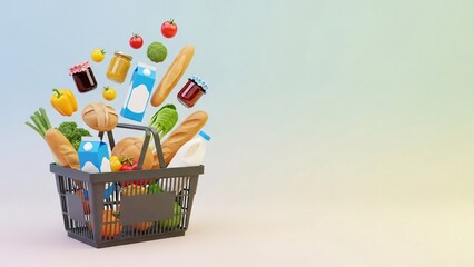 Colorful grocery items overflowing from shopping basket