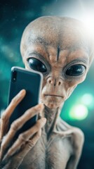 Alien creature with large eyes is using a smartphone, surrounded by a cosmic background, showcasing extraterrestrial technology and curiosity