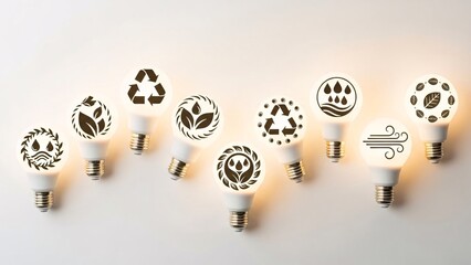 Eco friendly light bulbs with green icons on white background