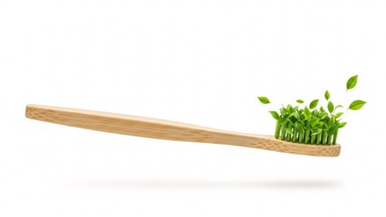 Eco-friendly bamboo toothbrush with green bristles on white background