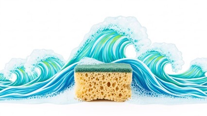 Vibrant sponge with green scrubber on top in foamy ocean wave