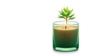 Small tree growing in a lit candle with green glass holder