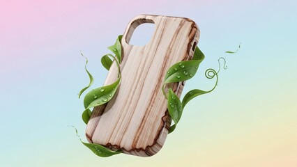 Eco friendly wooden phone case with green leaves on colorful background